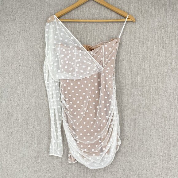 White Fox Boutique Fusion Sour One Shoulder Dress Ruched Bodycon Illusion NEW - Picture 3 of 11